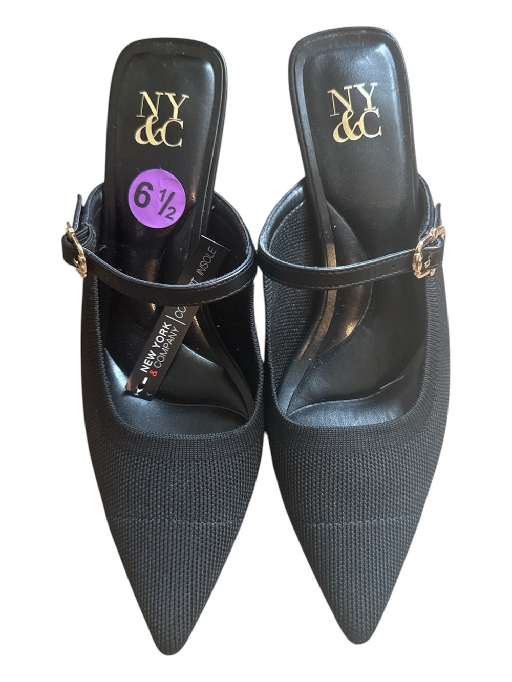 New York & Company Black Pointed Mary Jane Mules with Gold Buckles
